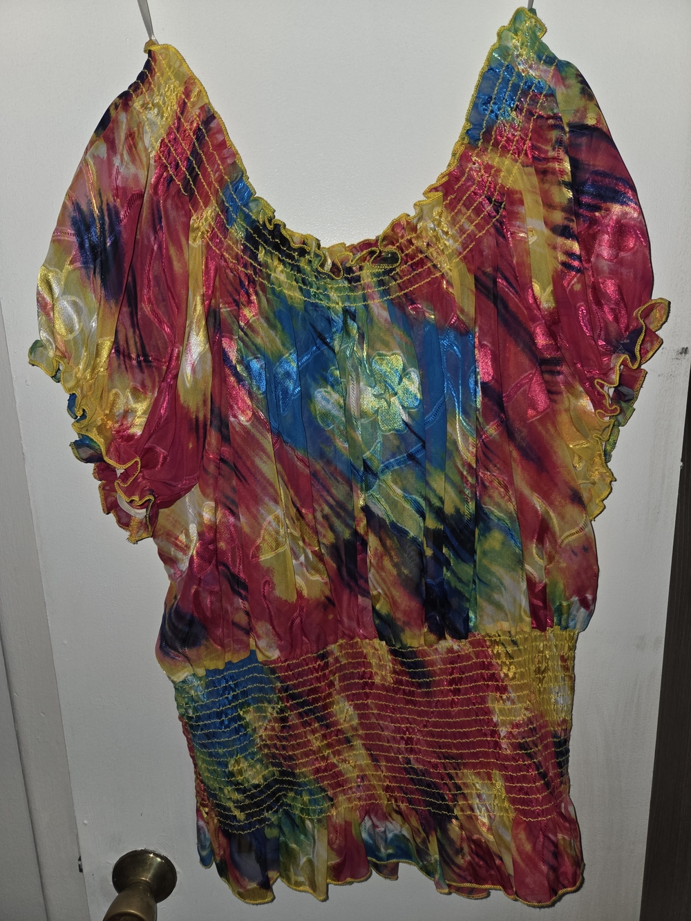 Multicolor Tie-Dye Off-Shoulder Blouse with Smocked Waist